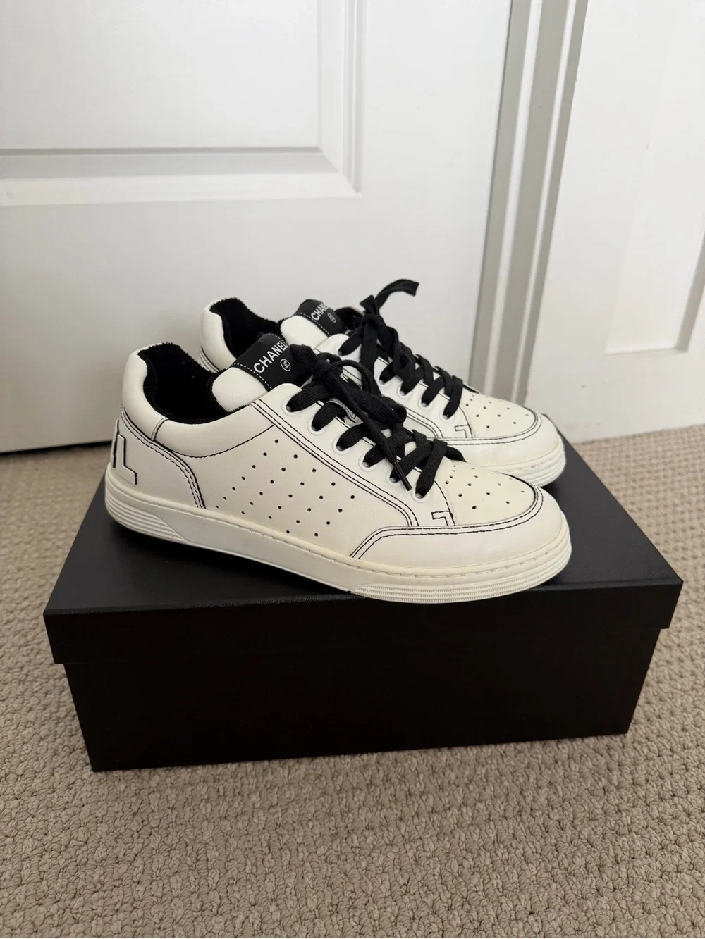 Chanel Women’s White/Black Leather Low-Top Sneakers